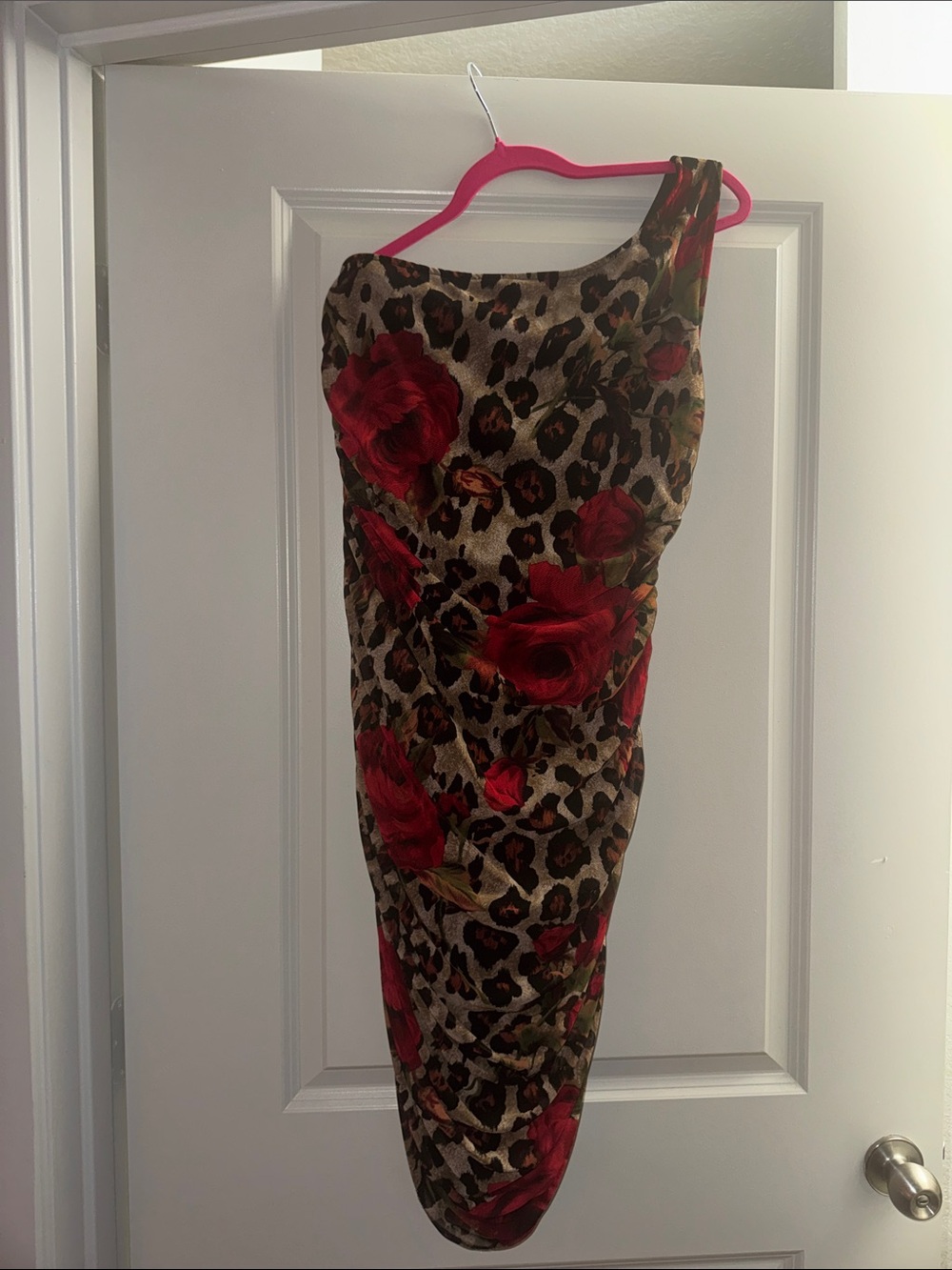 Fashion Nova One-Shoulder Leopard Print Dress with Red Rose Accents